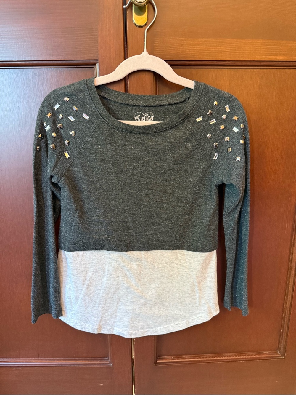 Justice Dark Charcoal and Light Gray Colorblock Embellished Sweatshirt